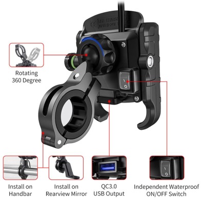 Мото держатель с зарядным устройством R9 USB QC